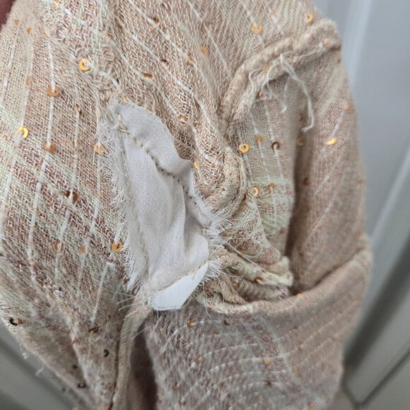 Free People Button up Shirt Large Bohemian Beige Peach Metallic Sequin Blouse - Picture 5 of 10
